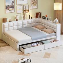 Wooden Bed 140x200 Cm, Soft Backrest, Spacious Storage Drawers, Slatted Base, Single Pine Bed, White