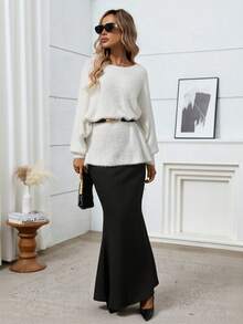 Plus Size Solid Color Batwing Sleeve Sweater, Winter - White - View 6