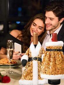 Christmas Bottle Set, Christmas Sequin Plush Set, Santa Bottle Jacket, Bottle Sweater Decoration, Holiday Champagne Bottle Gift Stand, Christmas Party Gift, New Year Table Decoration, Dress Decoration