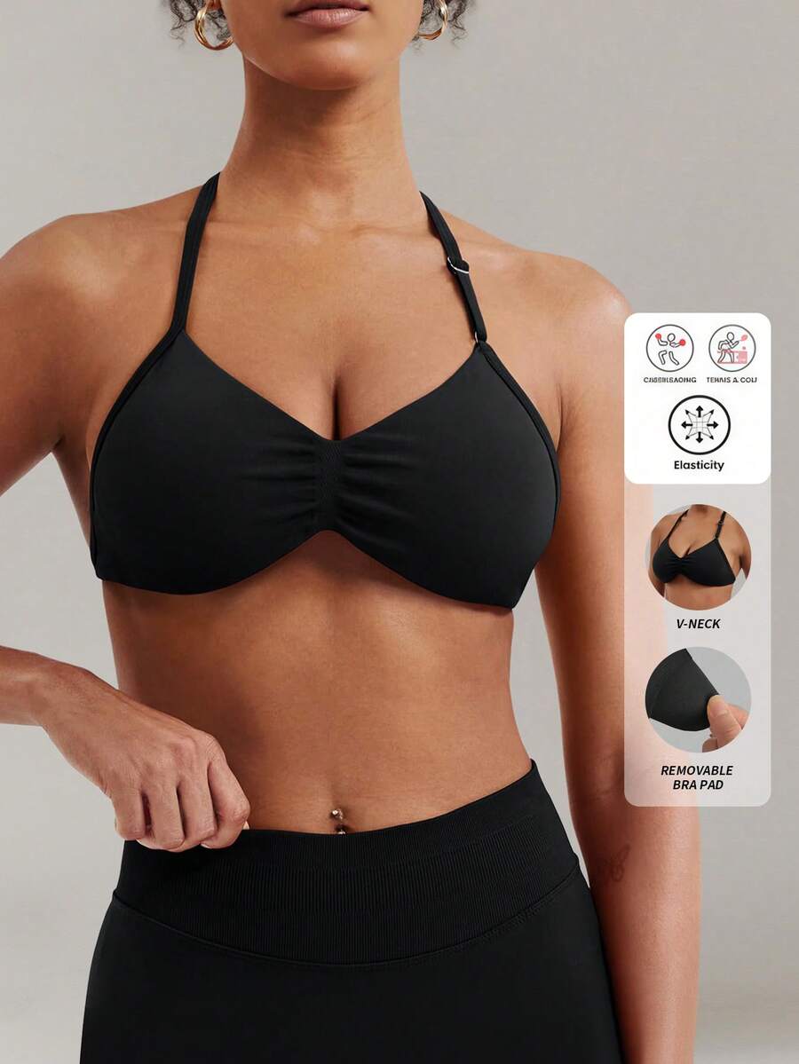 Yefecy Impact Strappy Bra 健身上衣 女式高支撑 Impact 细肩带吊带运动无缝胸罩 紧身健身瑜伽背心 - 黑色 - 查看 1