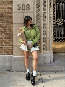 HoloChill 女士休闲风连帽撞色纽扣口袋抽绳开衫，夏季休闲新品嘉年华 - 綠色 - 查看 3