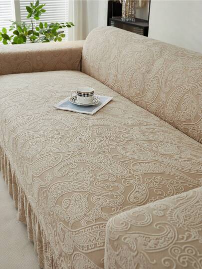 1 pieza Funda elástica con volantes y estampado de cachemira para sofá, a prueba de polvo y resistente a la suciedad, ajuste perfecto, protector de sofá de cobertura total, decoración del hogar, lavable a máquina, funda de almohada no incluida