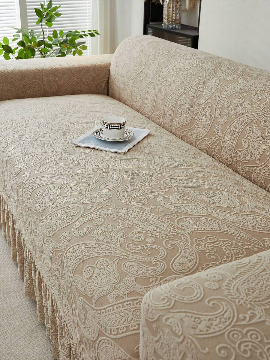 1 pieza Funda elástica con volantes y estampado de cachemira para sofá, a prueba de polvo y resistente a la suciedad, ajuste perfecto, protector de sofá de cobertura total, decoración del hogar, lavable a máquina, funda de almohada no incluida - Caqui - Ver 1
