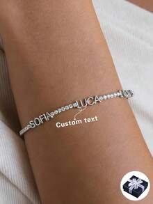 1pc Customized Name Bracelet With Rhinestones, Can Customize 1-5 Names, Personalized Adjustable Stainless Steel Pendant Bracelet, Customized Gold Brand Jewelry Couples Commemorative Gift, Boyfriend Birthday Gift, Multi-Functional, Decorative, Lettered, Engraved, Fashionable, Vibrant Colors, Casual, Cute, Kawaii,New Year Glamour - Silver - View 2