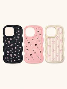 Black White Pink Bowknot Fashion Phone Cases 3pcs Dopamine Themed Wavy Edge Bowknot Pattern Phone Cases Compatible With IPhone & Galaxy Phones Spring Gift - Multicolor - View 18