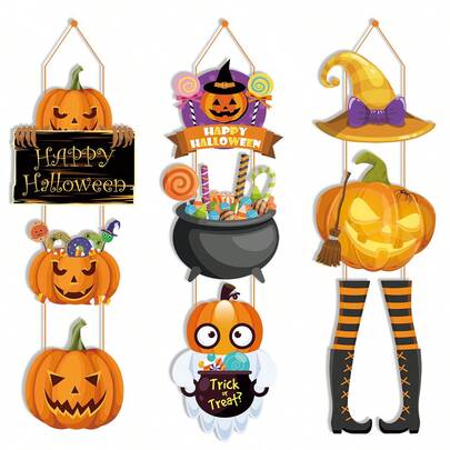 3-Piece Set Halloween Party Decoration Pumpkin Magic Hat Door Hanging Ghost Festival Scene Layout Pendant Ornaments (9 Cards + 30 Meters Of Ribbon + Dot Glue)