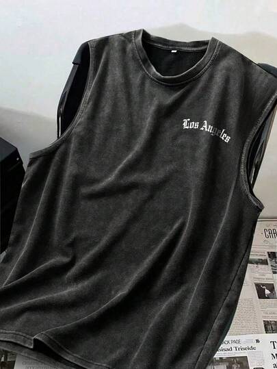 Débardeur ample et décontracté avec imprimé dessin animé, lavé. Confortable et adapté pour le port quotidien et la détente à la maison. Style minimaliste pour l'été