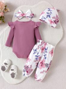 2pcs Newborn Baby Cute Print Long Sleeve Bodysuit + Pants With Hat & Headband Set, Lightweight For Spring/Autumn