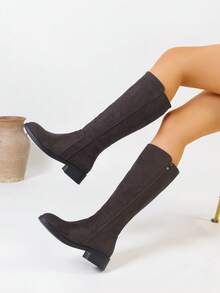 2025 Botas Femininas de Cano Longo com Salto Tratorado e Bico Redondo, Última de Outono/Inverno, Com Zíper Lateral, Casual, Confortável, Sexy, Versátil, Elegante, Cor Sólida, Camurça, Haste Reta, Adequadas para Festa, Dança, Festival de Música, Viagem ao Ar Livre, Transporte
