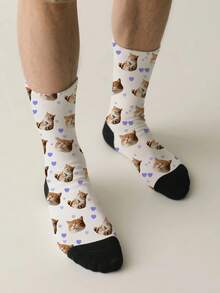 1PC Unisex Cute Cat And Purple Heart Pattern White And Black Comfortable Casual Socks, Suitable For Daily Wear Or As A Gift For Pet Lovers, Available In Multiple Colors, An Excellent Gift For Friends On Birthdays And Holidays