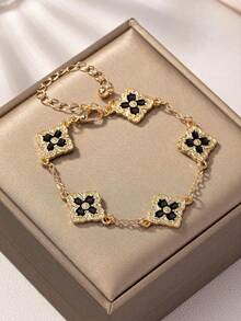 1 pièce Bracelet trèfle vintage élégant avec un design royal pour femmes - Trèfle à quatre feuilles incrusté de diamants - Voir 2