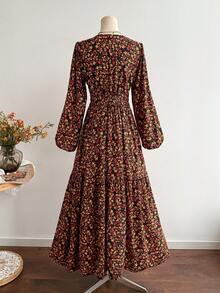 Rusttydustty Robe noire et rouge à manches longues et col en V imprimé vintage, robe de cocktail élégante bohème d'automne pour le thé et les vacances de printemps - Noir - Voir 7