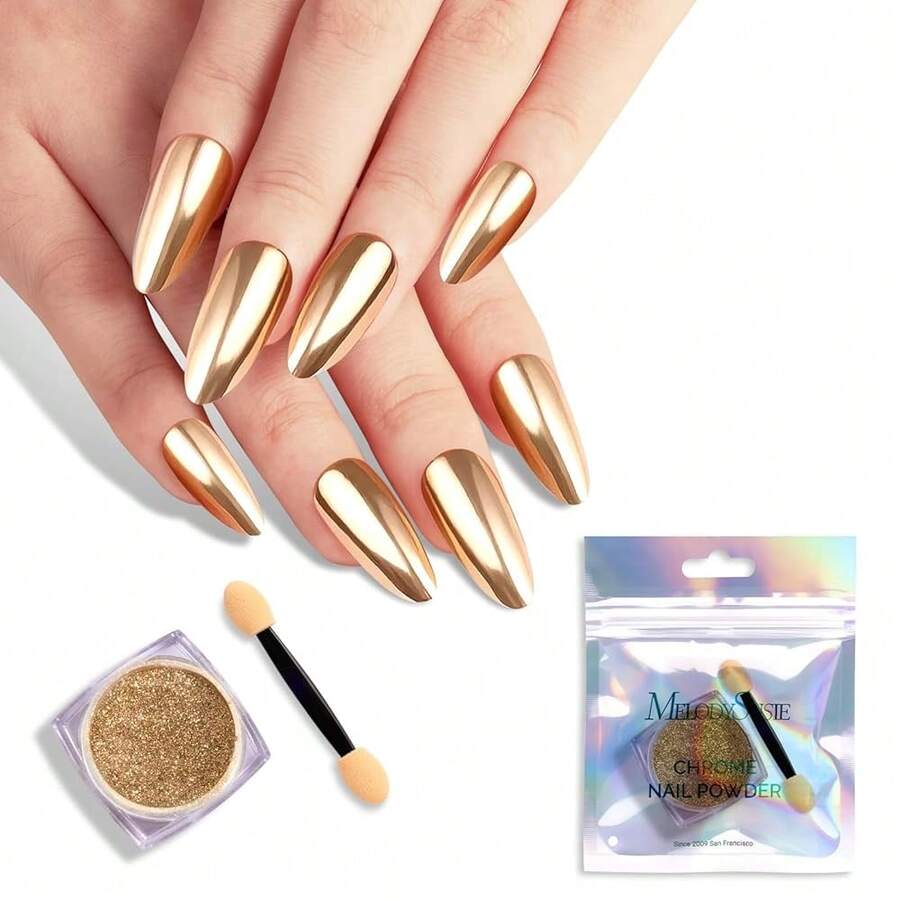 MelodySusie Champagne Gold Chrome Nail Powder For Gel Nails,Metallic Mirror Effect Pigment Stylish And Technological Fine Glitter For Home DIY Salon Use{"Color_name":"ChampagneGold"} - 香檳金 - 查看 1