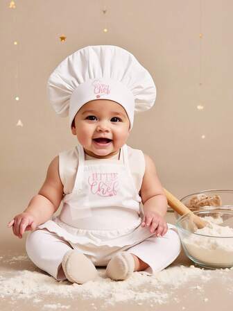 Disfraz de fotografia de chef bordado rosa bebé, conjunto de gorro de chef y delantal blanco, conjunto de ropa para sesión de fotos para bebé/niño pequeño unisex