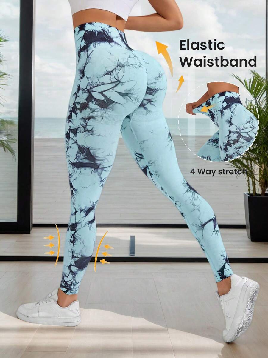 Leggings Yoga Mujer Estampados Vibrantes, Pantalones de Fitness, Elevación de Glúteos y Abdomen, Ajuste Firme para Entrenar - Celeste - Ver 1