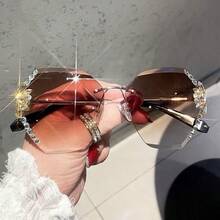 1pc Rhinestone Rimless Edged Fashion Glasses For Women, Glittering Accessory, Oversized Face Flattering, UV Protection, Fashion Eyewear For Vacation Outfits