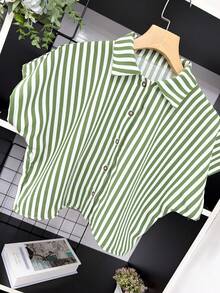 ELLIE Casual Striped Print Loose And Cropped Shirt - 綠色粗條紋 - 查看 2