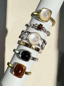 6pcs/Set Vintage Elegant Colorful Gemstone & Rhinestone Inlaid Tiger Eye Stone Women's Ring Set, Holiday Jewelry