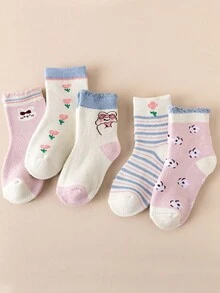 5 双儿童加厚保暖内衬可爱花卉图案中筒袜，适合女孩，秋冬季 - 彩色 - 查看 15