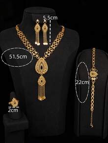 5pcs 18K Gold Plated Elegant Jewelry Set, Featuring Teardrop Pendant Necklace With Tassel, Suitable For Weddings, Celebrations, Parties, Gifts