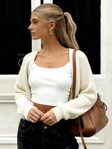 Women's White Cropped Cardigan, Long Sleeve Short Knitwear Top With Rib-Knit Details And Asymmetrical Hem For Chic Everyday Or Party Outfits