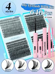 睫毛延长套装，640 件 DIY 睫毛延长套装单根睫毛簇 D 卷曲，睫毛簇带睫毛粘合剂，睫毛卸除和密封以及睫毛涂抹刷工具，适合在家自行涂抹（30D-40D-50D）睫毛簇套装，睫毛，睫毛，假睫毛 - 彩色 - 查看 4
