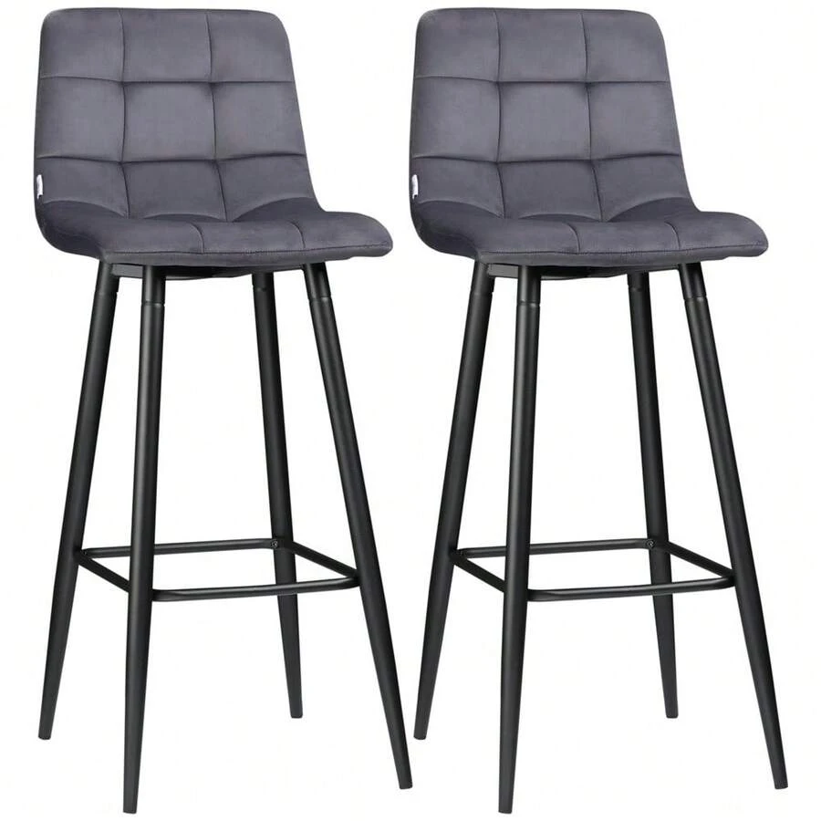 Set Of 2 Bar Stools For The Kitchen, Modern Design With Velvet Upholstery And Steel Legs, Non-Slip Foot Caps, Up To 120 Kg, 42 X 47 X 105 Cm, Grey - Grey - View 1