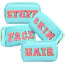 4 bolsas de cosmticos de nailon, organizador de viaje, con letras de chenilla, bolsa de maquillaje con cierre, impermeable, bolsa de aseo para mujeres y nias, Blanco cremoso, rosa claro, - Azul claro - Ver 2