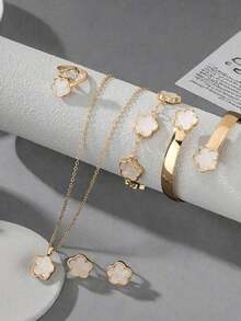 5pcs/Set Women's Lucky Flower Jewelry Set, Acrylic Bracelet, Necklace, Ring, Earrings - one-size - View 1