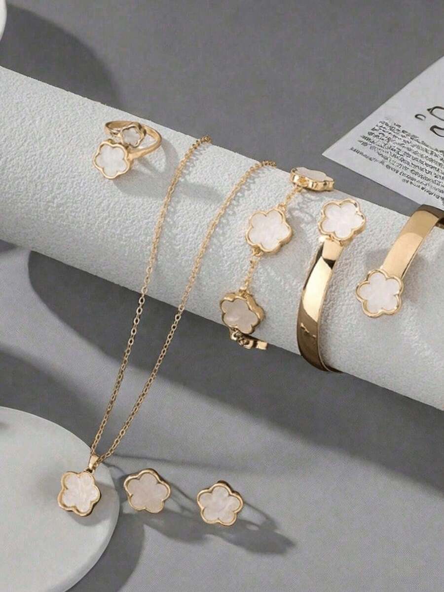 5pcs/Set Women's Lucky Flower Jewelry Set, Acrylic Bracelet, Necklace, Ring, Earrings - one-size - View 1