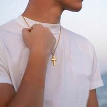 1pc Stylish Stainless Steel Cross Pendant Necklace, Washable And Non-Fading, Non-Tarnishing, Great Gift For Men, Suitable For Daily Wear And Parties - 金色 - 查看 4