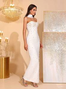 Elegant Beaded Decor Strapless High Slit Bridesmaid Dress, Bandage Party Gown - White - View 5
