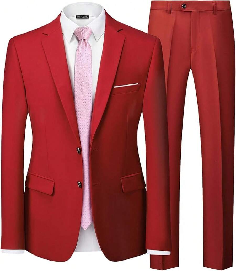 Traje de 2 piezas para hombre Hihawk, conjunto de pantalones sólidos de 2 botones, FGLB Navidad - Rojo - Ver 1