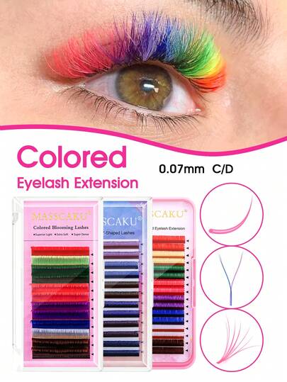 12 خط ملون من إطالة الرموش بشكل مزهر/على شكل Y/كلاسيكي من نوع D Curl بطول 8-15 مم وسمك 0.07 مم باللون الأحمر/البني/الوردي/الأصفر/البنفسجي/الأزرق/الأخضر/الأبيض/الأسود الأزرق/الأسود البنفسجي/الأزرق البنفسجي ملونة مصنوعة يدويًا من الشعر الروسي بتصميم مروحي