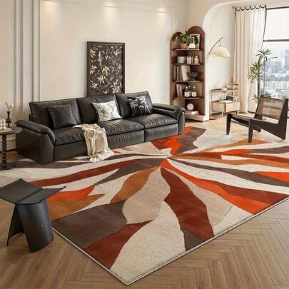 现代几何图案地毯，棕橙米色抽象图案，适用于客厅、办公室、花园装饰，可用作地毯、办公室地面装饰、现代家居装饰、厨房地毯。