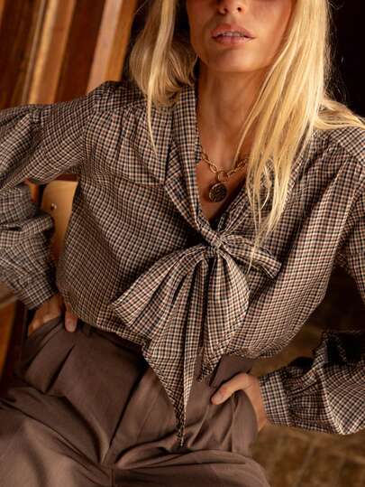 Women's Autumn New Arrivals & Best-Selling Autumn Styles: Casual, Comfortable, Elegant & Retro Plaid Button-Down Shirt With Bow Details (Ideal As Autumn Top/Jacket)