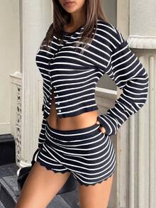 Casual Commute Striped Cardigan & Knit Shorts Set - Black and White - View 1