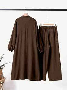 2pcs Abaya Set: Long Sleeve Shirt Top And Wide Leg Pants, Elegant And Comfortable For Home And Daily Wear - Brown - View 3