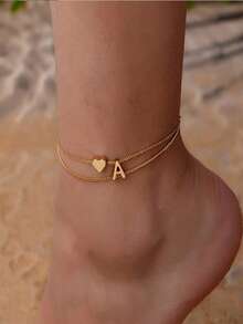Chic Double-Layered Heart & Letter Anklet - Minimalist Alloy Design, No Plating, Suitable For Daily Wear, All Seasons, Simple Style