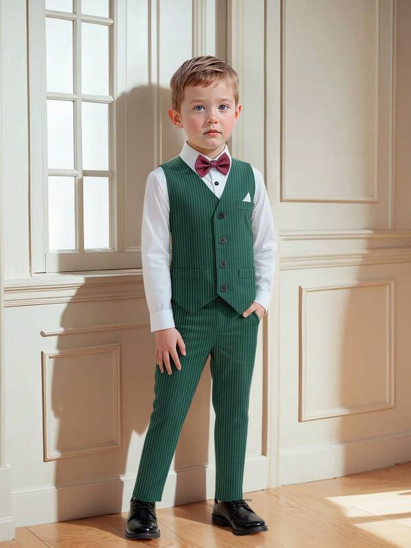 4pcs Boys Slim Fit Formal Suit Set - White Shirt, Green Striped Vest, Pants, Bow Tie, Suitable For Wedding, Halloween, Christmas, Holiday Gentleman Outfit
