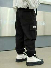 1pc Young Boy Casual Versatile Retro College Style Utility Pants - Black - View 4