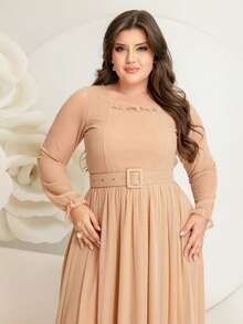 Long Tulle Dress, Plain Fabric, With Belt, Wedding, Holiday - 淺褐色的 - 查看 3