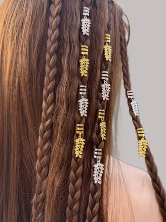 10pcs Women's New Leaf Hair Accessories, Metal Pendant Hair Clips, Braids Hair Decorations