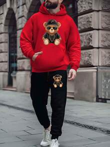 (2PC)Men's Casual Printed Hoodie And Sweatpants Set, Autumn And Winter Men's Sportswear, Men's Fashion  Sportswear Printed Wealthy Teddy Bear - Red - View 4