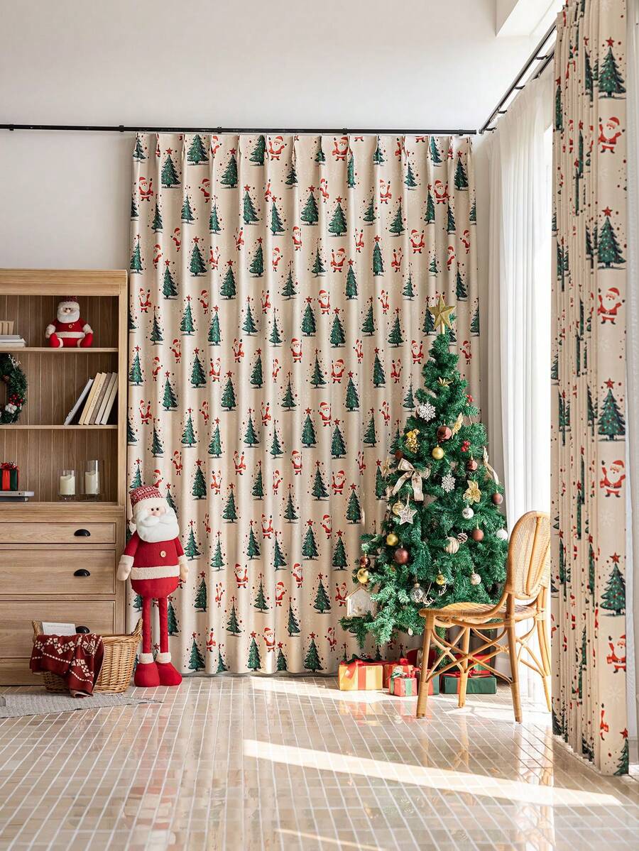 1pc Christmas New Luxury 100% Blackout Santa Claus Window Curtain For Villa, Balcony, Living Room, Bedroom, 320gsm - Multicolor - View 1