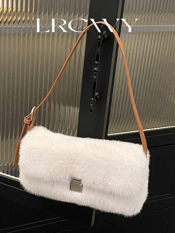 Women's Shoulder Bag, Faux Fur Cute Fashion Metal Buckle Flap Square Bag, White, Suitable For Shopping, Commuting, College Girls