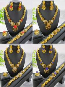 4pcs Fashionable Women's Gold-Plated Spiral Rhinestone Jewelry Set: Necklace, Earrings, Bracelet, Ring. Suitable For European, African, Middle Eastern, Dubai Bride, Wedding, Party Dress, Halloween, Christmas, New Year, Birthday, Holiday Gift, Daily Wear.
