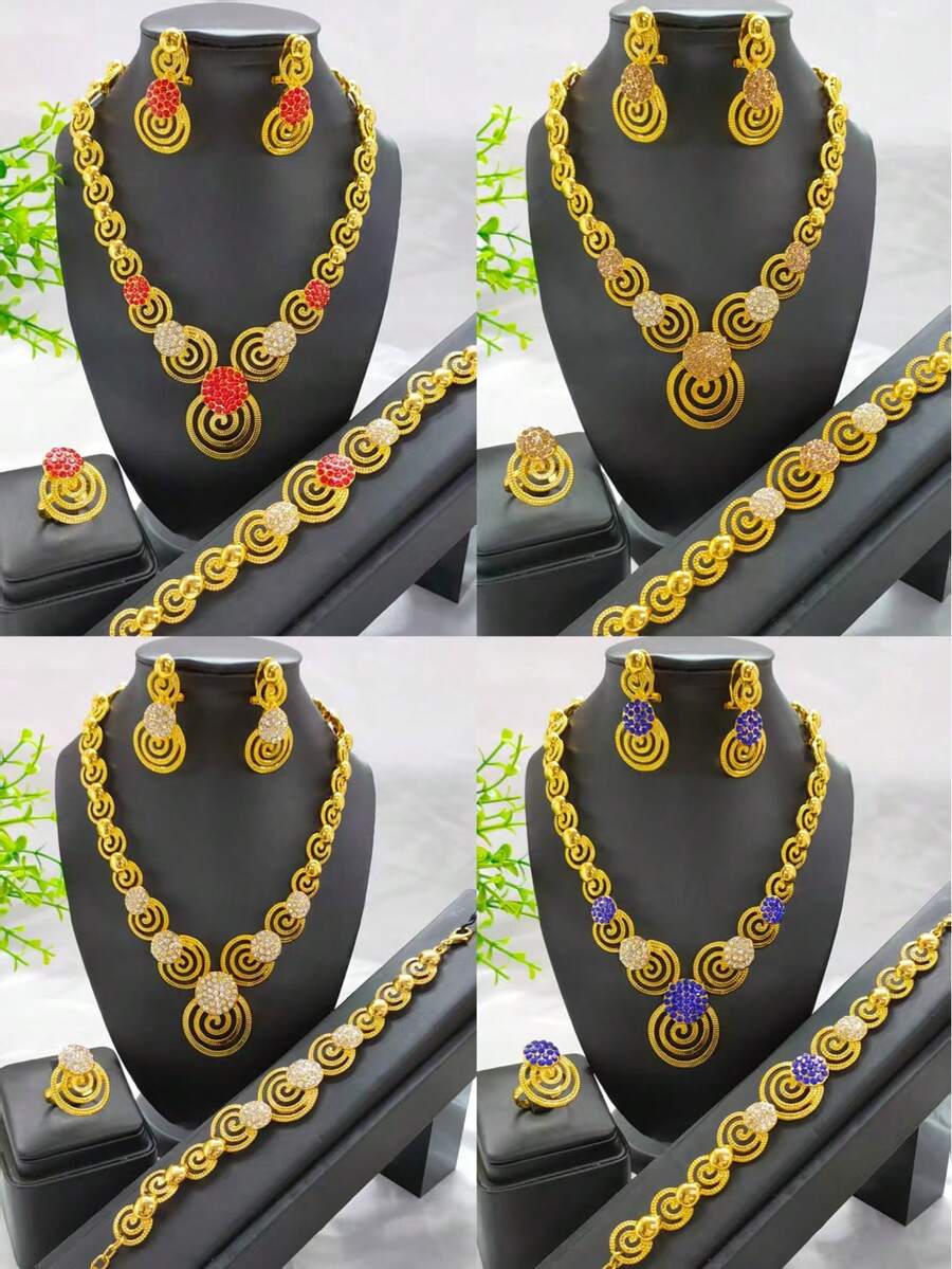 4pcs Fashionable Women's Gold-Plated Spiral Rhinestone Jewelry Set: Necklace, Earrings, Bracelet, Ring. Suitable For European, African, Middle Eastern, Dubai Bride, Wedding, Party Dress, Halloween, Christmas, New Year, Birthday, Holiday Gift, Daily Wear.