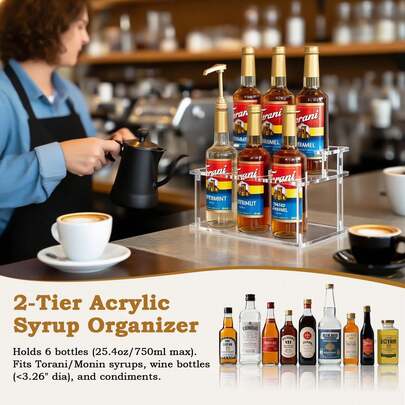 Wine Bottle Organizer -2-Layer Acrylic Bottle Display Rack For Kitchen Storage | Acrylic, Coffee Syrup, Baijiu, Wine Flavoring And Beverage Station Organizer With Layered Shelves