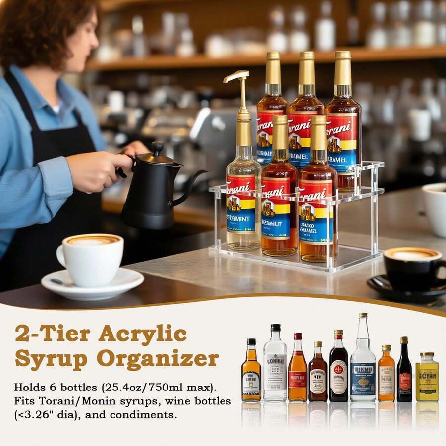 Wine Bottle Organizer -2-Layer Acrylic Bottle Display Rack For Kitchen Storage | Acrylic, Coffee Syrup, Baijiu, Wine Flavoring And Beverage Station Organizer With Layered Shelves